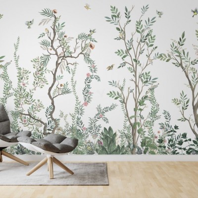 Tapet cu design modern și inspirat de natură, cu nuanțe de verde și detalii delicate de flori și păsări.