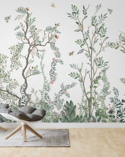 Tapet cu design modern și inspirat de natură, cu nuanțe de verde și detalii delicate de flori și păsări.
