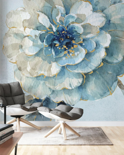 Tapet Indigold VII Light Blue - Floare albastra cu accente de aur