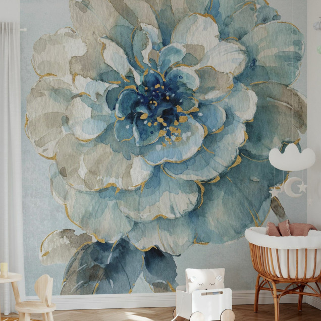 Tapet Indigold VII Light Blue - Floare albastra cu accente de aur