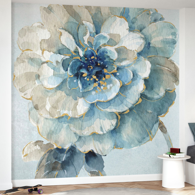 Tapet Indigold VII Light Blue - Floare albastra cu accente de aur