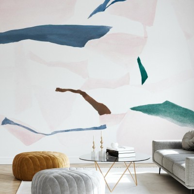 Tapet Fractal Chalcedony and Geode, design abstract cu nuanțe delicate de roz, albastru, maro și verde, în living