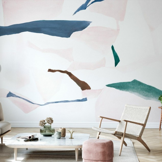 Tapet Fractal Chalcedony and Geode, design abstract cu nuanțe delicate de roz, albastru, maro și verde, în living
