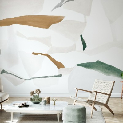 Tapet abstract modern Fractal Pale Green and Ochra cu un design geometric inspirat de natura.