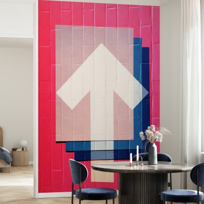 Wallpaper cu design geometric și vibrant, in nuanțe de roz, albastru și alb