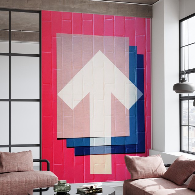 Wallpaper cu design geometric și vibrant, in nuanțe de roz, albastru și alb