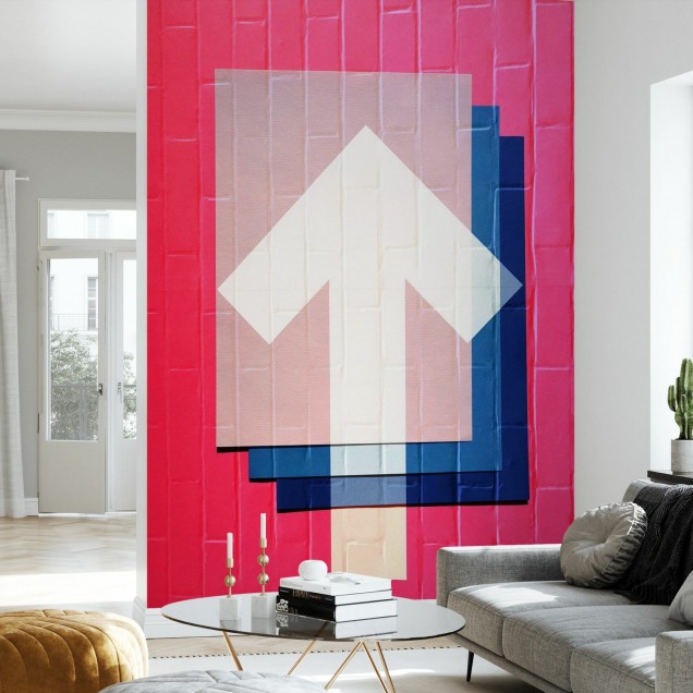 Wallpaper cu design geometric și vibrant, in nuanțe de roz, albastru și alb