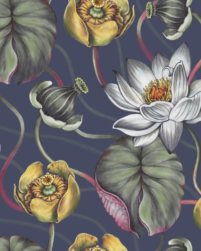 Tapet cu flori de nufăr albastre, model floral delicat, The Lily Pond, Midnight