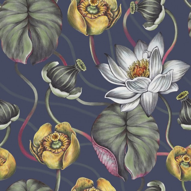 Tapet cu flori de nufăr albastre, model floral delicat, The Lily Pond, Midnight