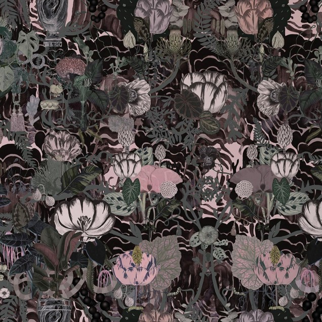 Tapet floral cu flori roz, mov si verde, pe un fundal gri