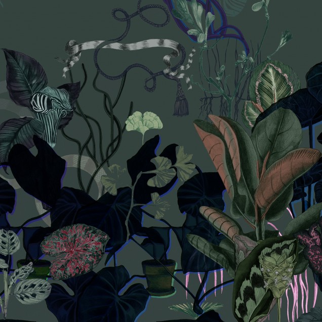 Tapet cu frunze întunecate, model floral complex
