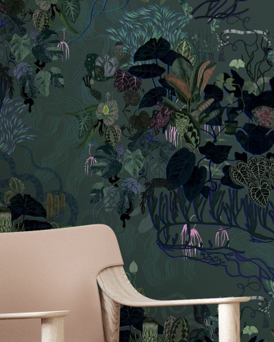 Tapet cu frunze întunecate, model floral complex