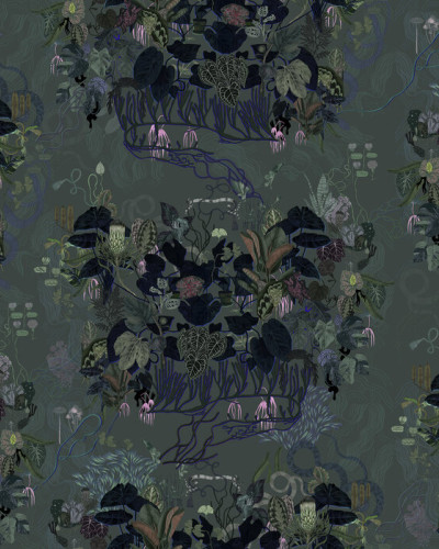 Tapet cu frunze întunecate, model floral complex
