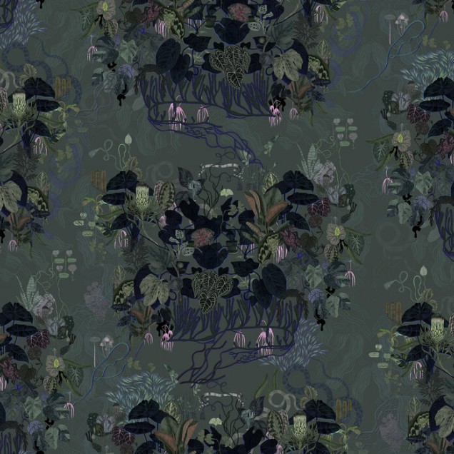 Tapet cu frunze întunecate, model floral complex