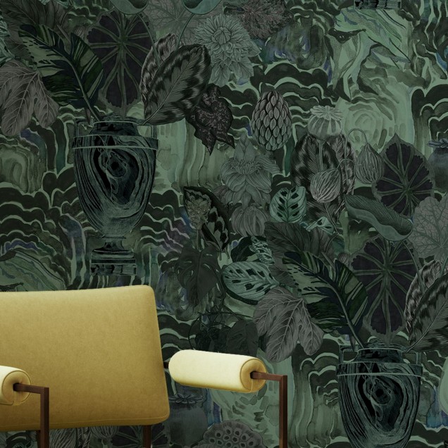 Tapet cu model abstract de mușchi de smarald, ideal pentru a decora livingul.