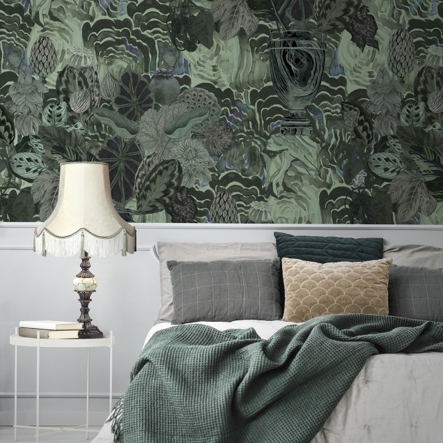 Tapet cu model abstract de mușchi de smarald, ideal pentru a decora livingul.