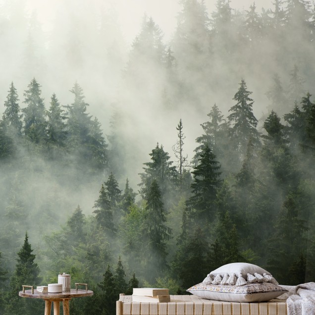 Fototapet cu o pădure cețoasă, creând o atmosferă misterioasă și relaxantă.