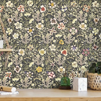 Tapet floral Anemone, Negru, cu flori delicate si frunze fine, perfect pentru un decor elegant si romantic.