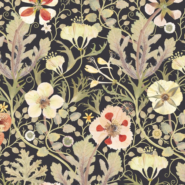 Tapet floral Anemone, Negru, cu flori delicate si frunze fine, perfect pentru un decor elegant si romantic.