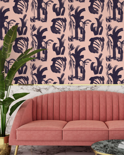 Tapet cu palmieri abstract, design modern, culori roz pudrat și mov