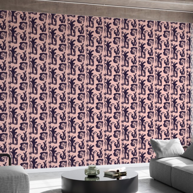 Tapet cu palmieri abstract, design modern, culori roz pudrat și mov