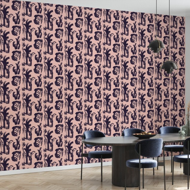 Tapet cu palmieri abstract, design modern, culori roz pudrat și mov
