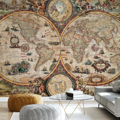 Tapet vintage cu harta lumii, decorat in stil clasic, perfect pentru a adauga un accent de personalitate casei tale.