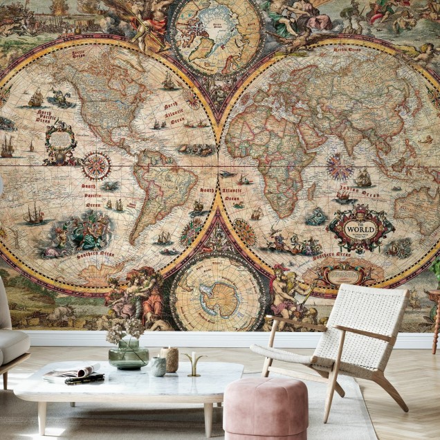 Tapet vintage cu harta lumii, decorat in stil clasic, perfect pentru a adauga un accent de personalitate casei tale.