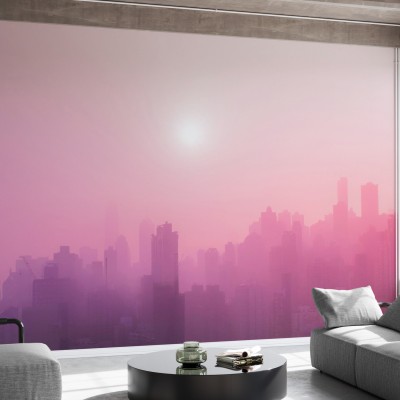 Tapet cu design modern Pink Sky, cu imagine a unui oraș din ceata, într-o nuanță de roz vibrant, ideal pentru o cameră modernă sau minimalistă.