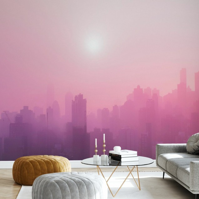 Tapet cu design modern Pink Sky, cu imagine a unui oraș din ceata, într-o nuanță de roz vibrant, ideal pentru o cameră modernă sau minimalistă.