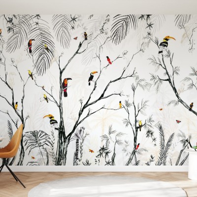 Tapet tropical cu design elegant, cu tușe fine de negru pe fond alb, reprezentând o pădure tropicală vibrantă.