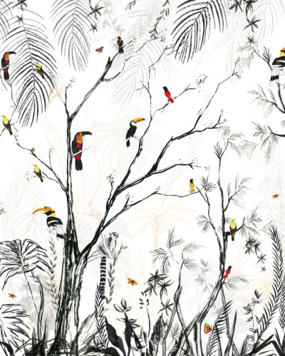 Tapet tropical cu design elegant, cu tușe fine de negru pe fond alb, reprezentând o pădure tropicală vibrantă.