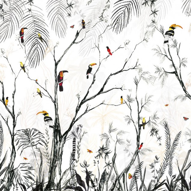 Tapet tropical cu design elegant, cu tușe fine de negru pe fond alb, reprezentând o pădure tropicală vibrantă.