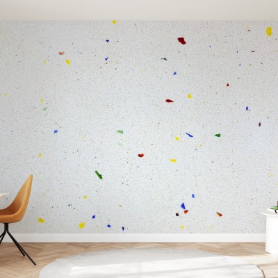 Fototapet cu design Multi Color Terrazzo, cu o bază albă și accente de culoare vibrante.