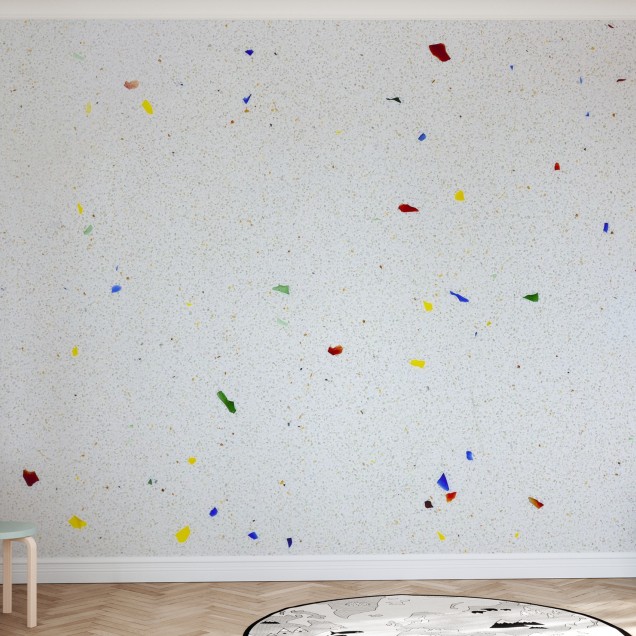 Fototapet cu design Multi Color Terrazzo, cu o bază albă și accente de culoare vibrante.
