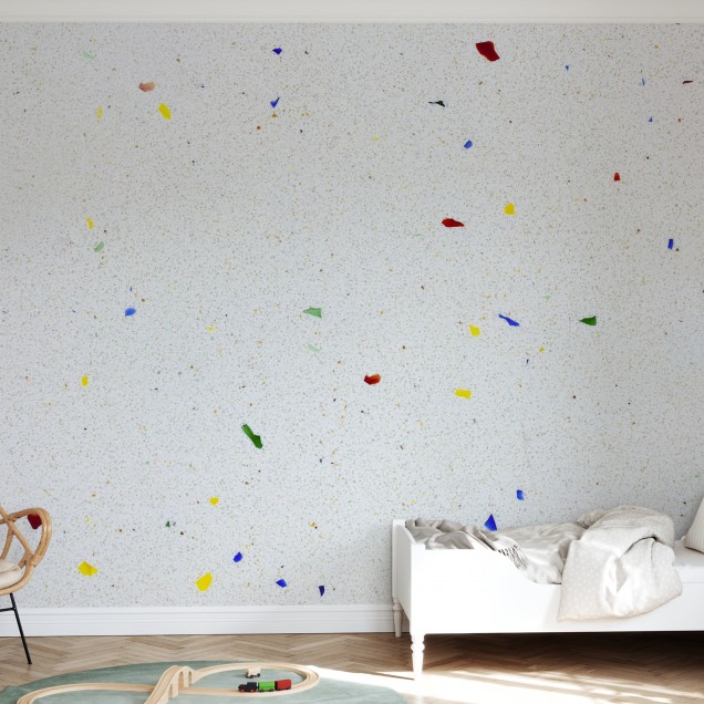 Fototapet cu design Multi Color Terrazzo, cu o bază albă și accente de culoare vibrante.