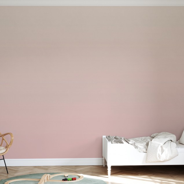 Imagine cu un wallpaper cu gradient de piersică, într-un dormitor cu un pat supraetajat, o birou și o podea din lemn.