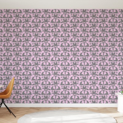 The Iguana Dream - Tapet modern cu design tropical, cu iguane si palmieri pe un fundal roz.