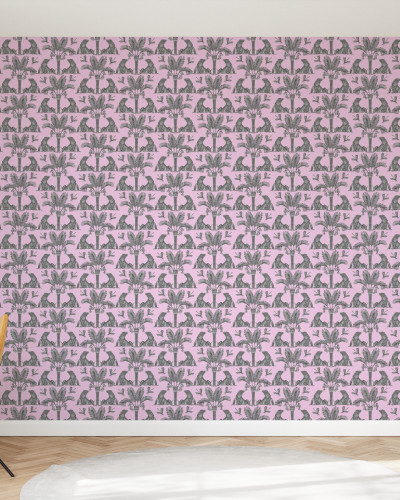 The Iguana Dream - Tapet modern cu design tropical, cu iguane si palmieri pe un fundal roz.