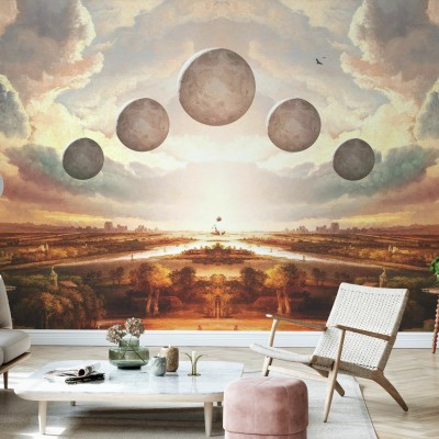 Tapet Vanishing Point, cu un cer plin de nori și planete plutitoare peste un peisaj vast. Tapetul este perfect pentru a decora livingul sau dormitorul.