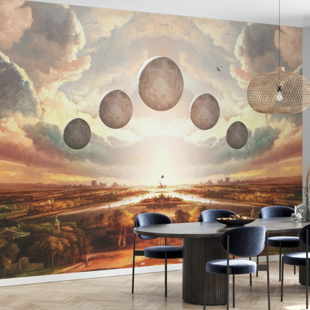 Tapet Vanishing Point, cu un cer plin de nori și planete plutitoare peste un peisaj vast. Tapetul este perfect pentru a decora livingul sau dormitorul.
