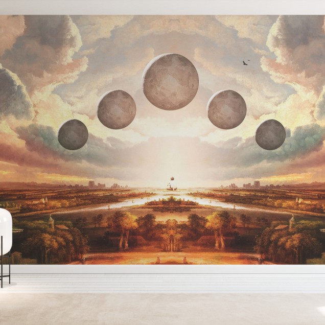 Tapet Vanishing Point, cu un cer plin de nori și planete plutitoare peste un peisaj vast. Tapetul este perfect pentru a decora livingul sau dormitorul.