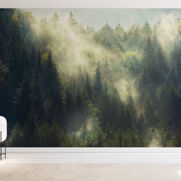 Fototapet cu o padure ceata in culori vii si detalii fine, perfect pentru a crea o atmosfera relaxanta si linistita