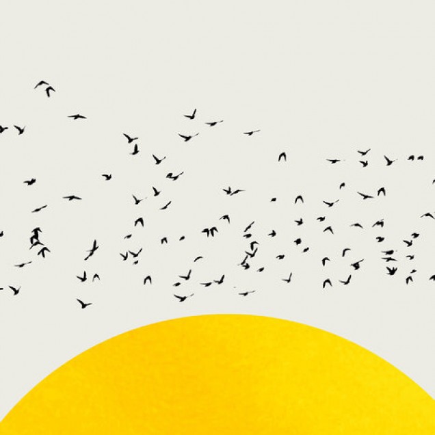 Tapet minimalist cu un soare galben vibrant și o turmă de păsări negre zburând.