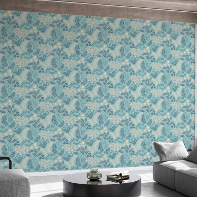 Tapet floral Sonja Blue cu un design delicat in nuante de albastru si bej.
