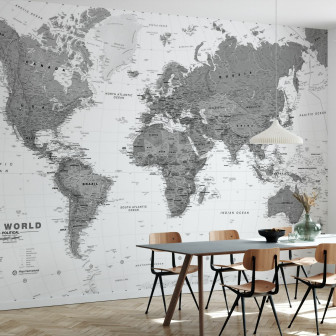 Fototapet cu harta lumii în alb și negru într-o sufragerie modernă