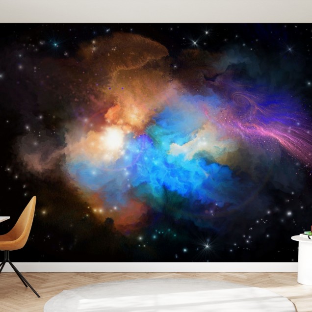 Multicolored Nebula wallpaper, featuring a vibrant nebula with swirling clouds of gas and dust, illuminated by stars of various sizes and colors, in a living room setting.