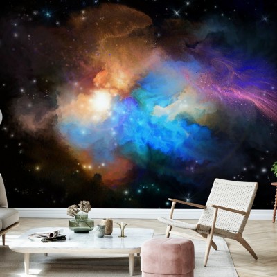 Multicolored Nebula wallpaper, featuring a vibrant nebula with swirling clouds of gas and dust, illuminated by stars of various sizes and colors, in a living room setting.