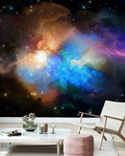 Multicolored Nebula wallpaper, featuring a vibrant nebula with swirling clouds of gas and dust, illuminated by stars of various sizes and colors, in a living room setting.