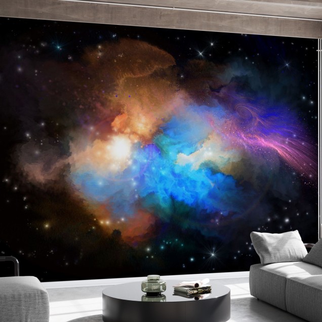 Multicolored Nebula wallpaper, featuring a vibrant nebula with swirling clouds of gas and dust, illuminated by stars of various sizes and colors, in a living room setting.